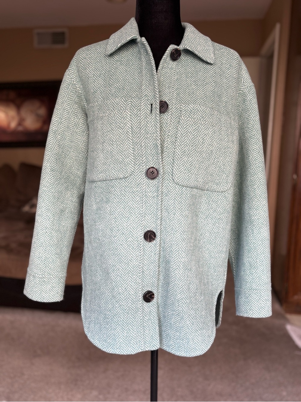Womens Rails Mint Herringbone Button-Up Coat Size Small